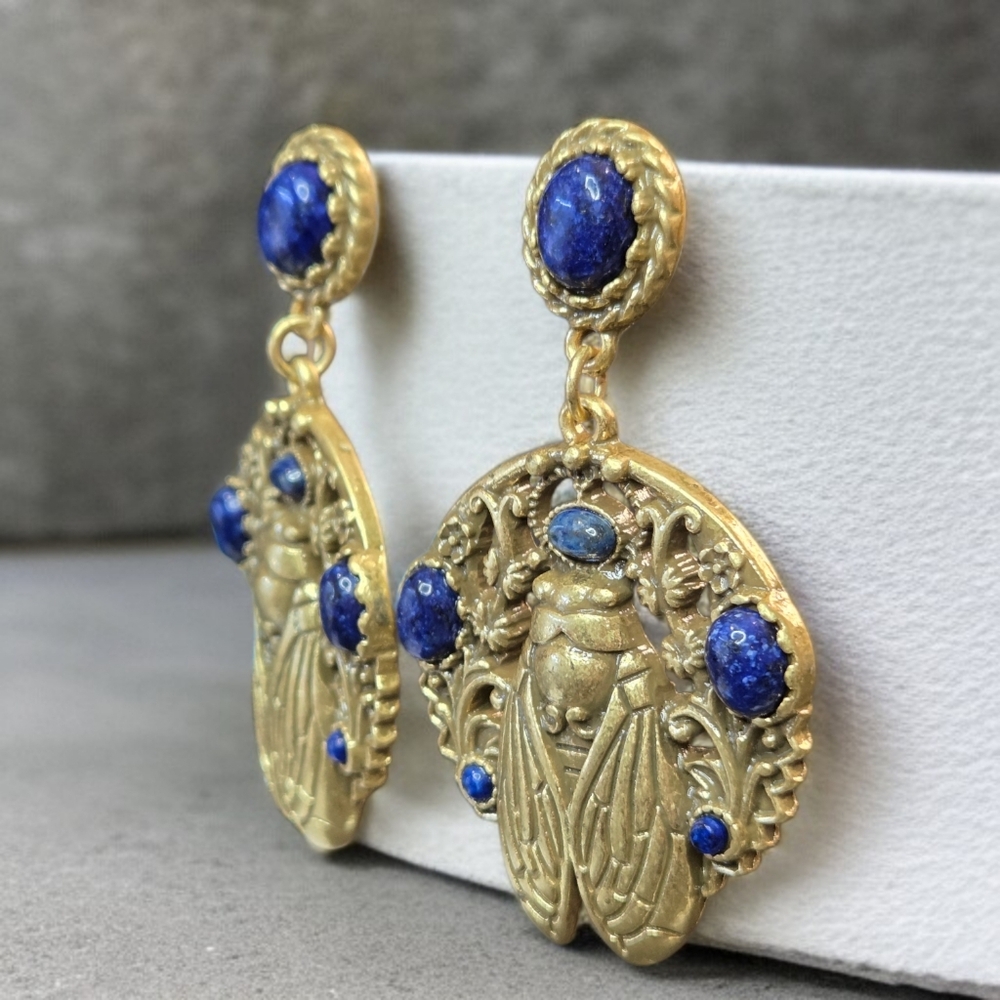 Chunky Antiqued Matte Gold Cicada Lapis Lazuli Dangle Earrings - Picture 2 of 5
